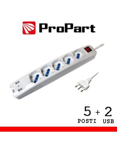 Multipresa 5pos bipasso/schuko + USB spina16A +interr. PROPART