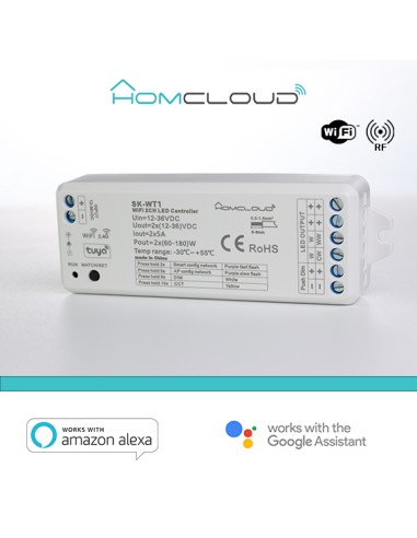 Ricevitore DIM +pulsante 12/36V DC,2CH*5A, Wi-Fi+RF 2.4G CCT HOMCLOUD