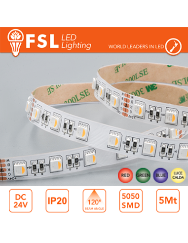 Striscia LED 5m IP20 5050 24V - 14W/m 60led/m RGB+W 3000K