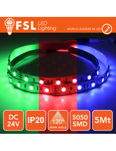 Striscia LED 5m IP20 5050 24V - 12W/m 60led/m RGB 