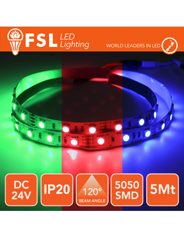 Striscia LED 5m IP20 5050 24V - 12W/m 60led/m RGB