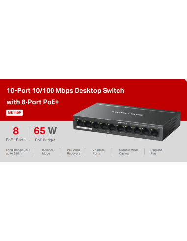 Switch Desktop 10 porte 10/100 PoE+  - Mercusys MS110P