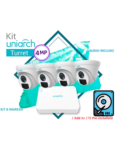 KIT UNIARCH 8 Canali PoE con 1 HDD installato,  4 Turret 4MP Uniarch